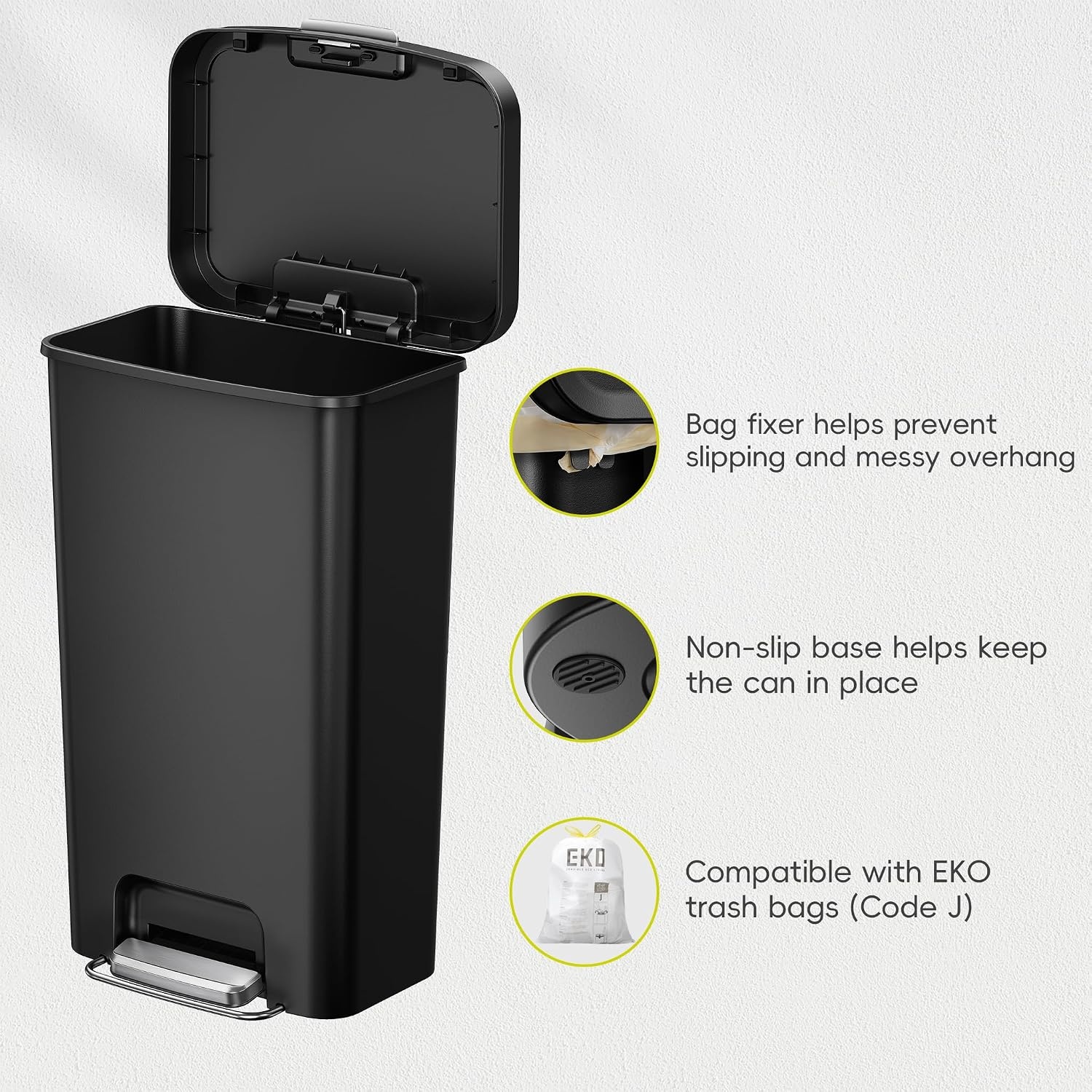 image:imageEKO 45L12 Gal PetLock Kitchen Trash Can with Lid Plastic Step Can Black