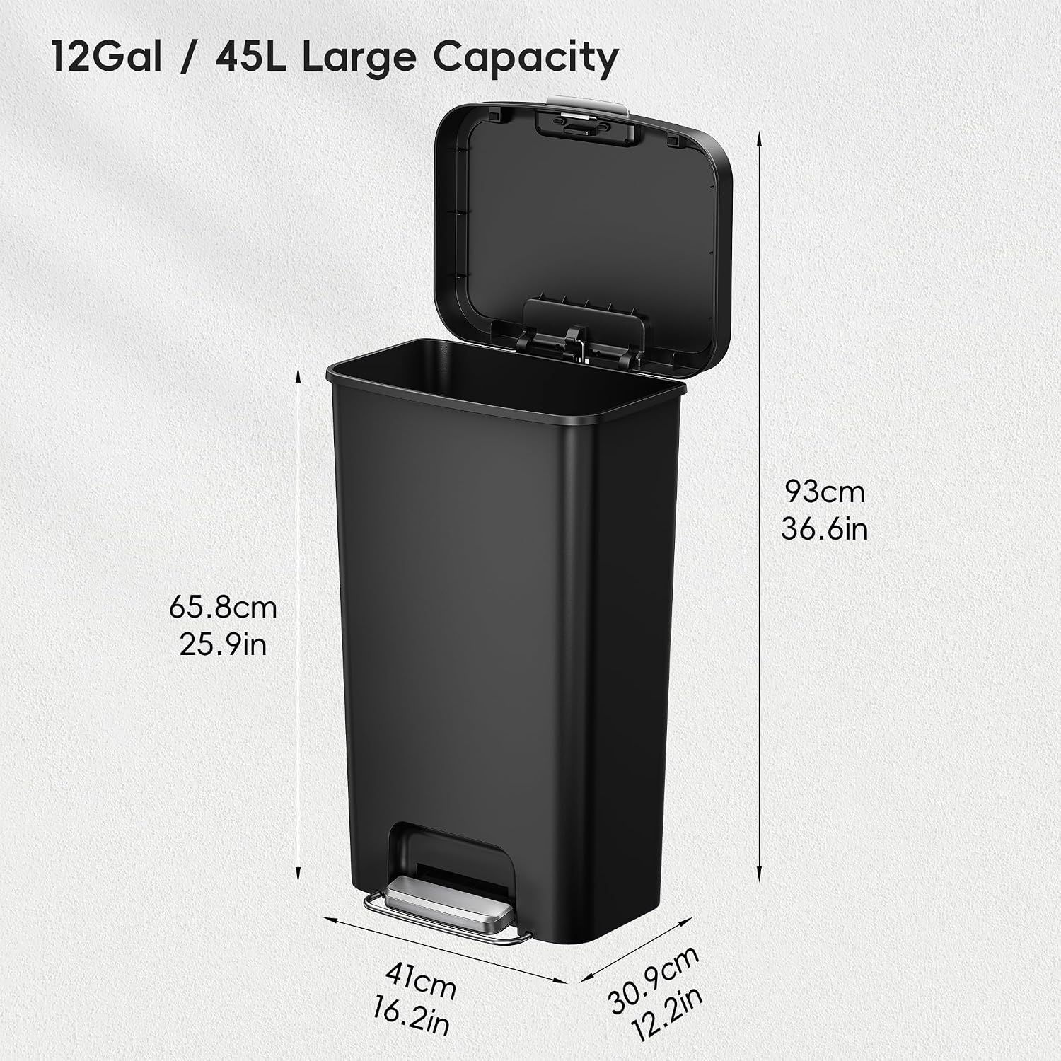image:imageEKO 45L12 Gal PetLock Kitchen Trash Can with Lid Plastic Step Can Black