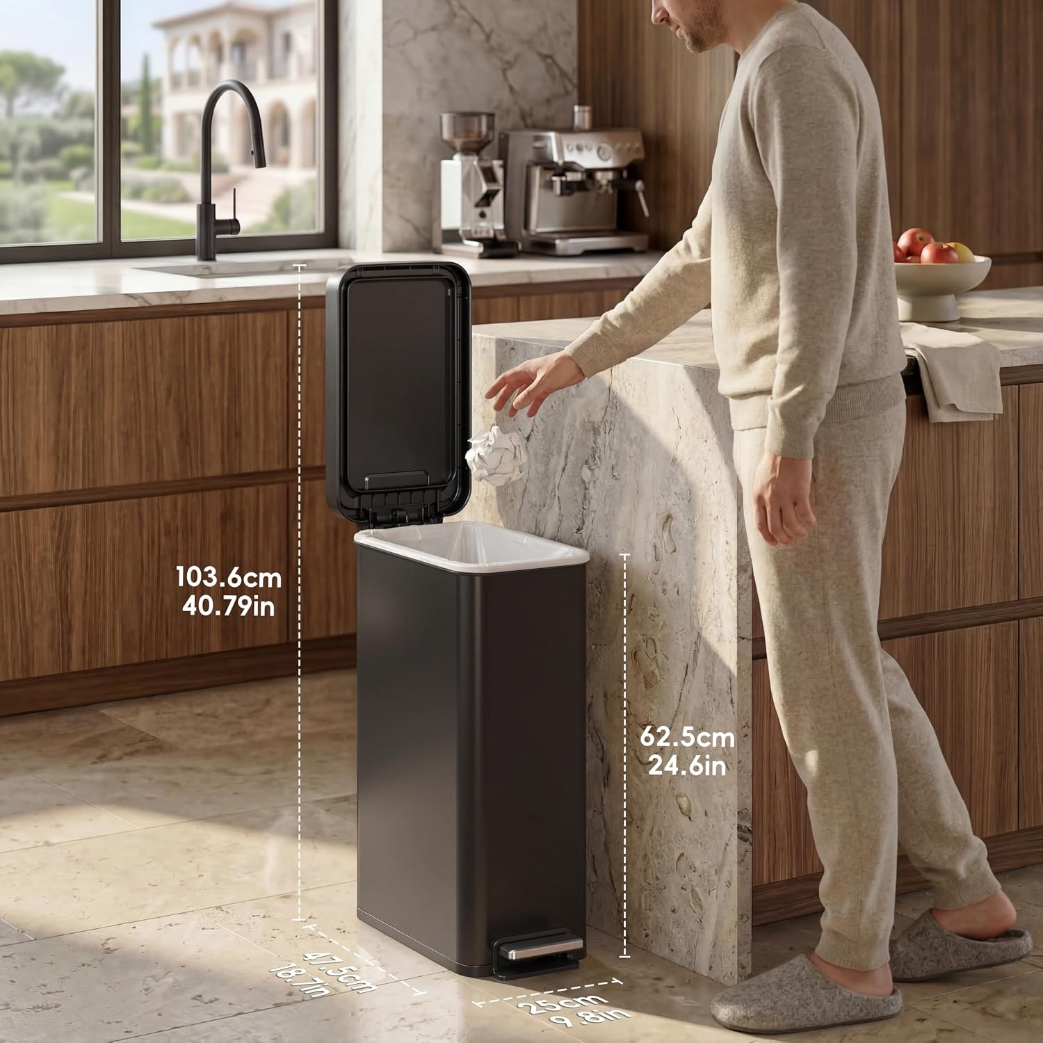image:imageEKO Hudson Slim Trash Can with Lid 13 Gal Stainless Steel Gunmetal GrayMatte Black