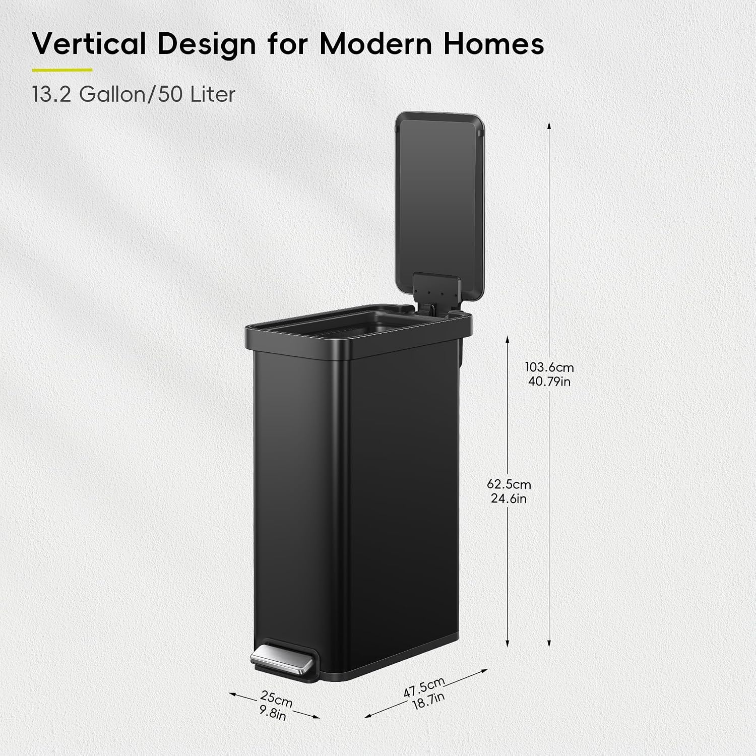image:imageEKO Hudson Slim Trash Can with Lid 13 Gal Stainless Steel Gunmetal GrayMatte Black