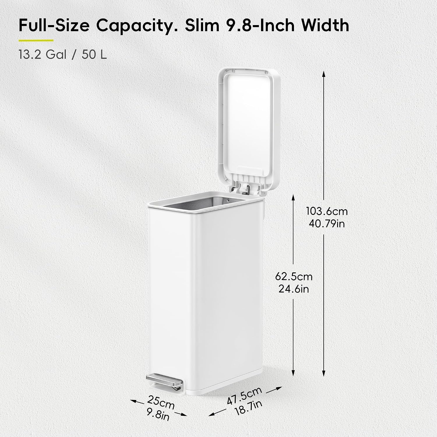 image:imageEKO Hudson Slim Trash Can with Lid 13 Gal Stainless Steel Gunmetal GrayMatte White