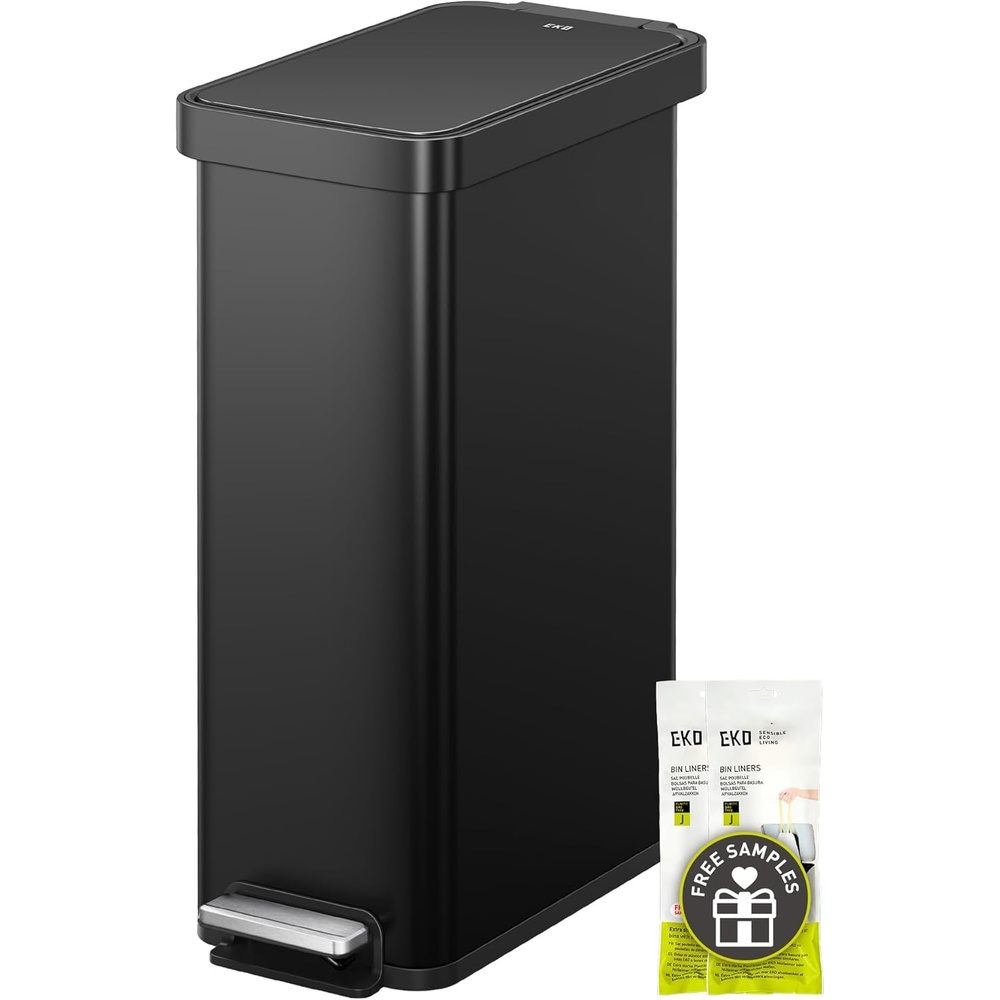 image:imageEKO Hudson Slim Trash Can with Lid 13 Gal Stainless Steel Gunmetal GrayMatte Black