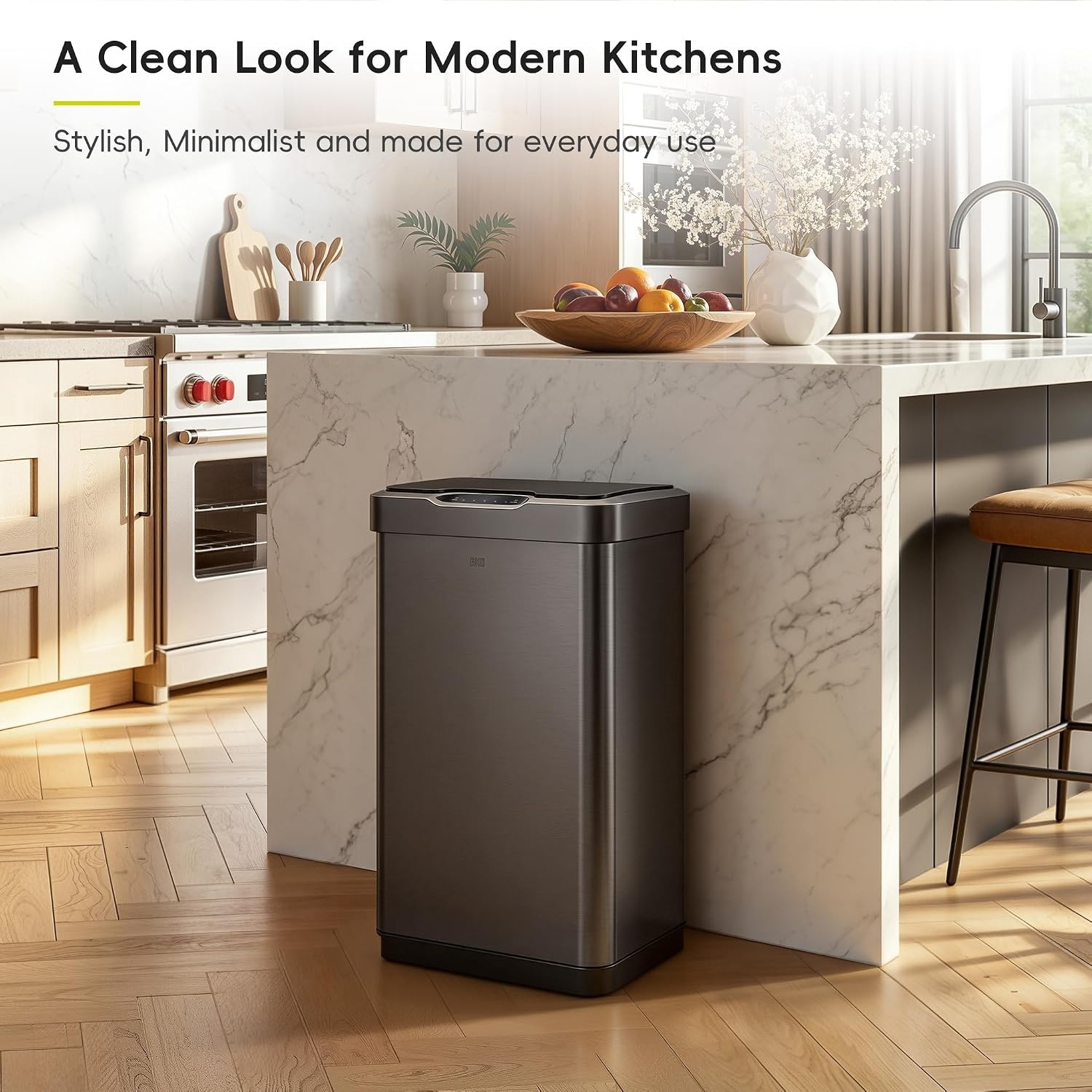 image:imageEKO MirageT 132 Gal Stainless Steel Motion Sensor Trash Can Gunmetal Touchless sensor lid 50L Large Capacity Softclose lid Stayopen mode Longlasting power Removable Liner ring