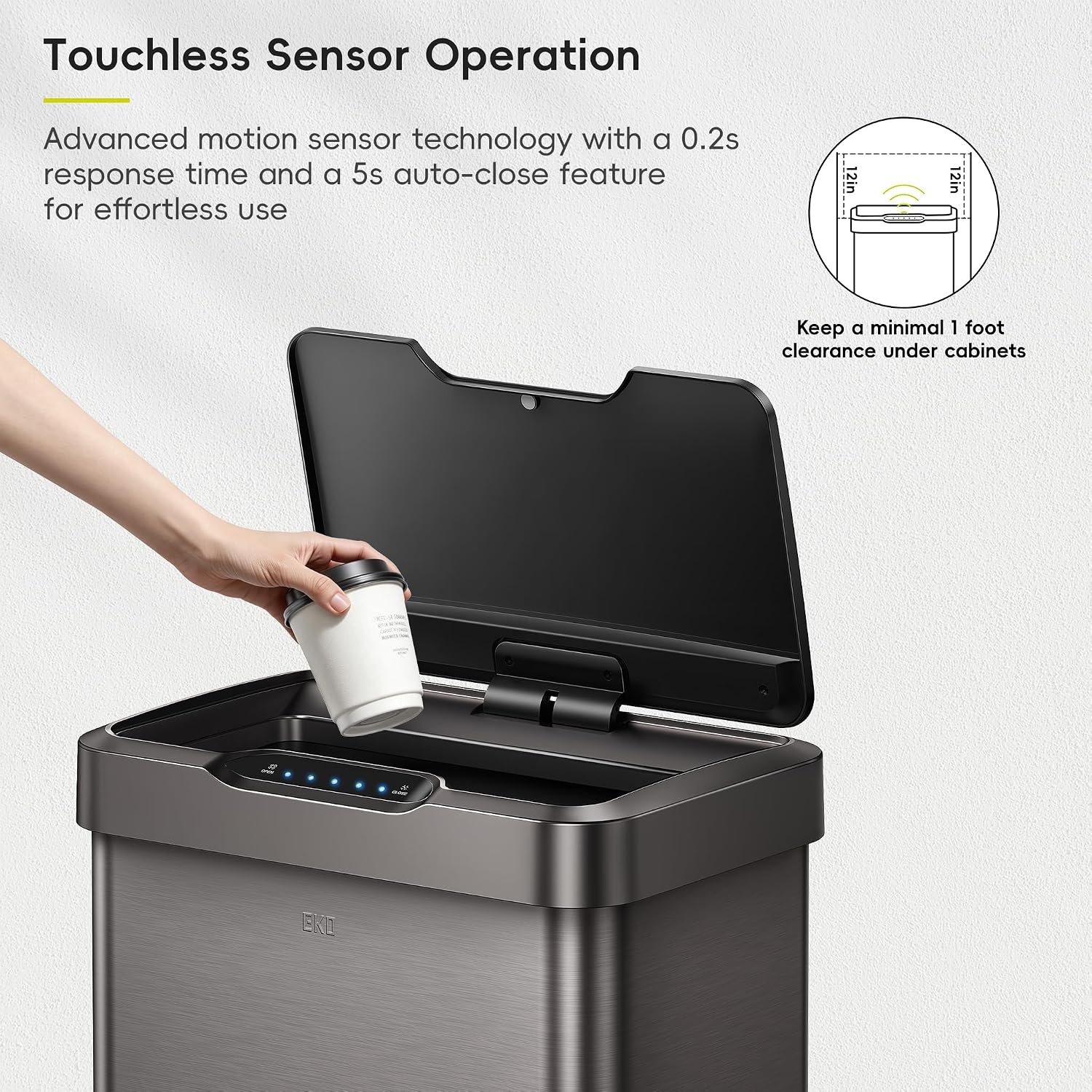 image:imageEKO MirageT 132 Gal Stainless Steel Motion Sensor Trash Can Gunmetal Touchless sensor lid 50L Large Capacity Softclose lid Stayopen mode Longlasting power Removable Liner ring