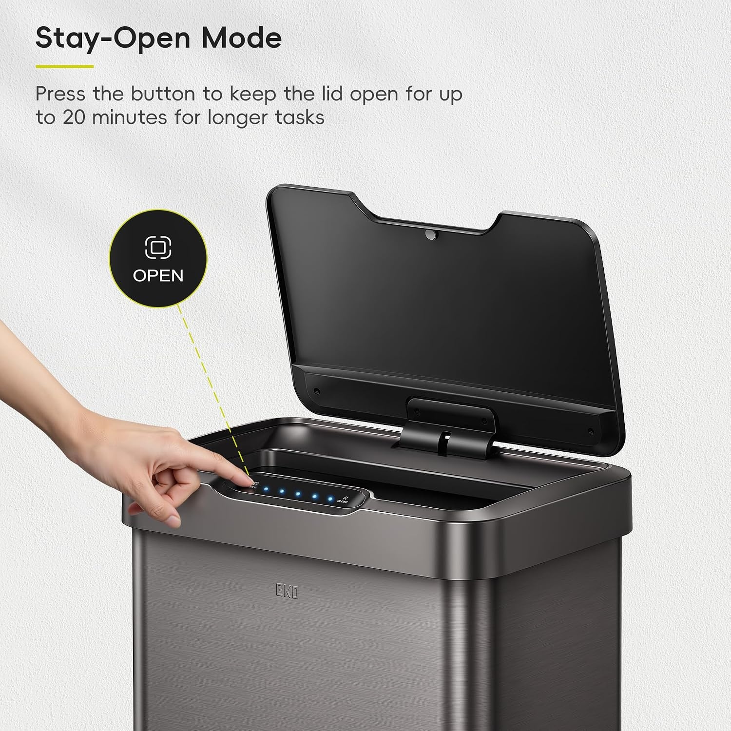 image:imageEKO MirageT 132 Gal Stainless Steel Motion Sensor Trash Can Gunmetal Touchless sensor lid 50L Large Capacity Softclose lid Stayopen mode Longlasting power Removable Liner ring