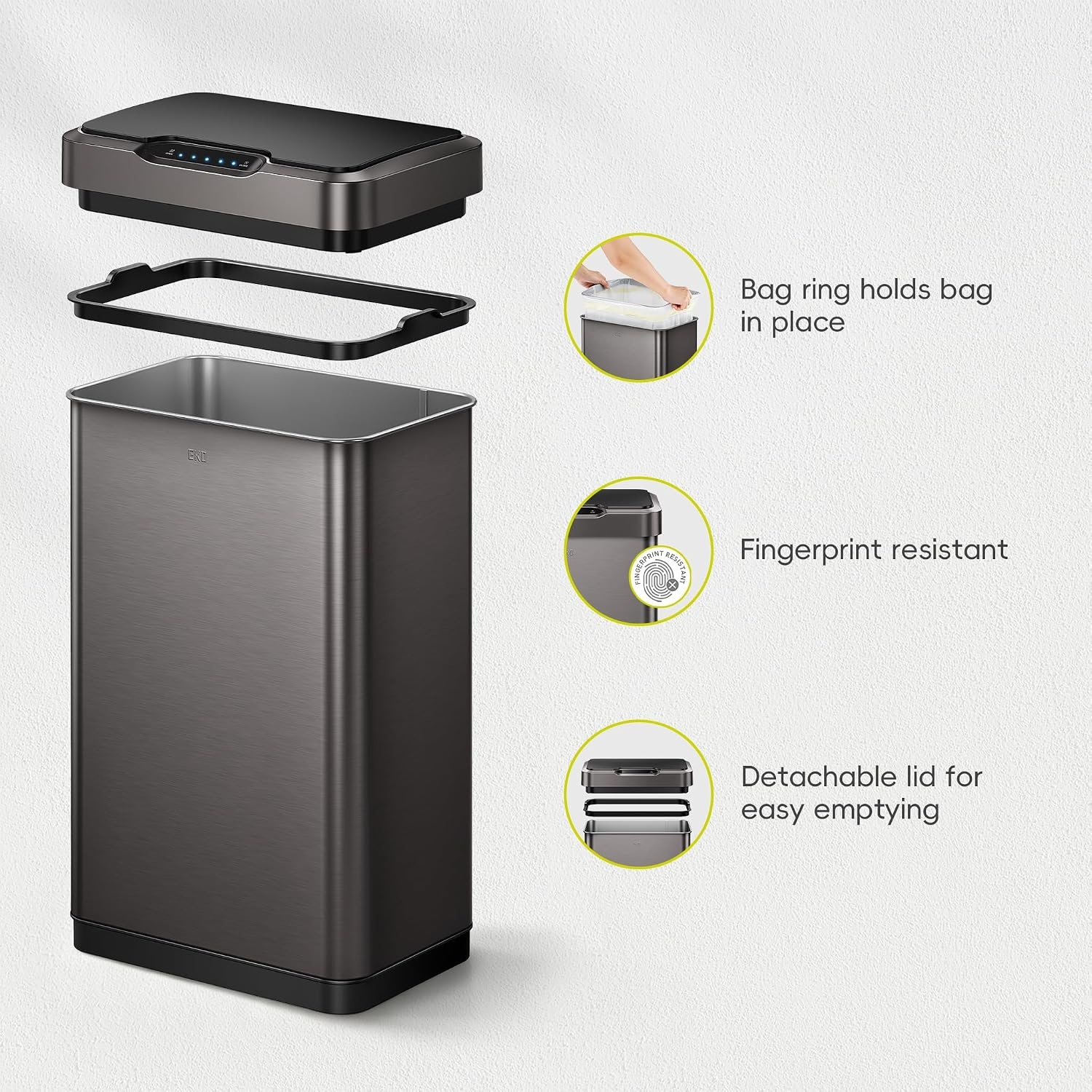 image:imageEKO MirageT 132 Gal Stainless Steel Motion Sensor Trash Can Gunmetal Touchless sensor lid 50L Large Capacity Softclose lid Stayopen mode Longlasting power Removable Liner ring