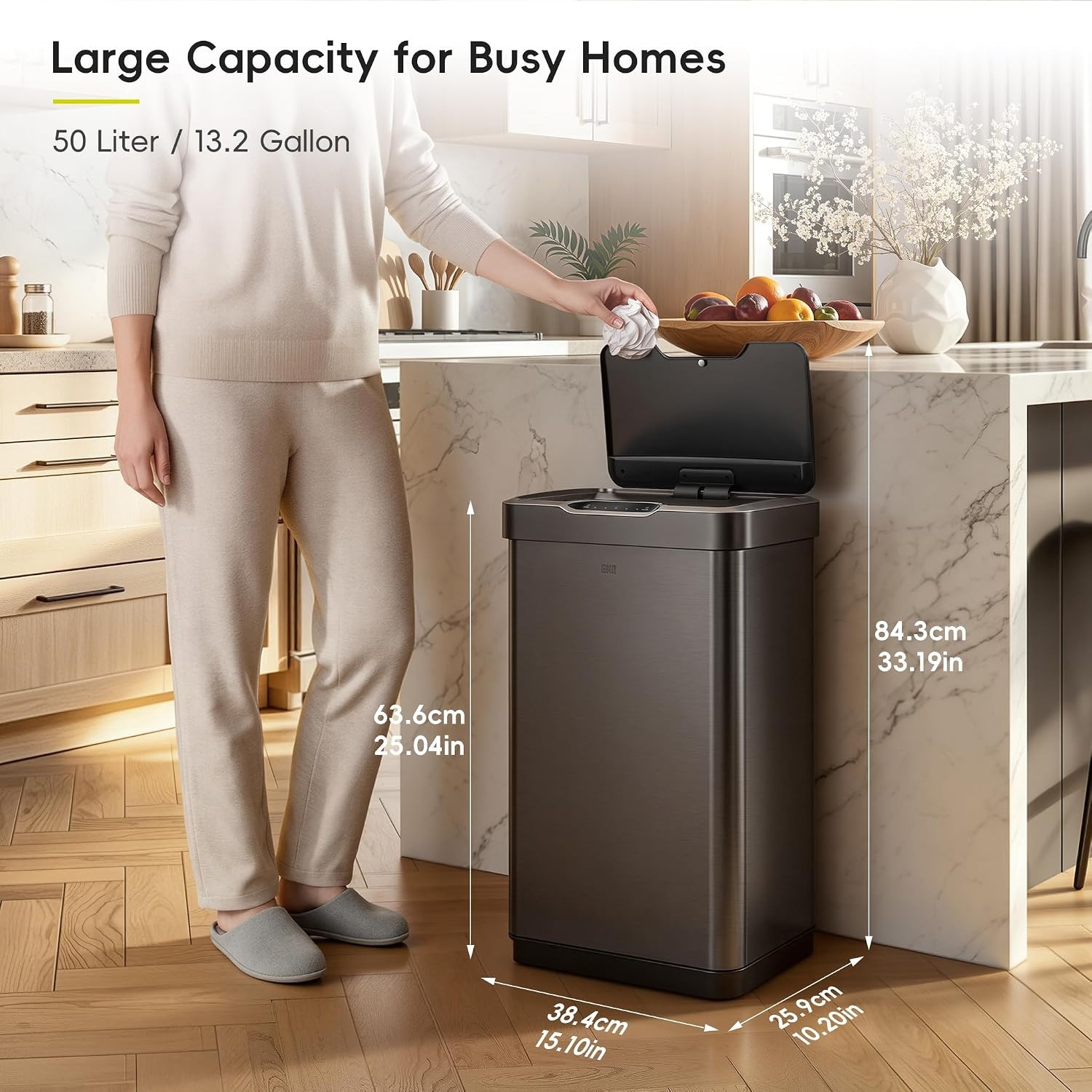 image:imageEKO MirageT 132 Gal Stainless Steel Motion Sensor Trash Can Gunmetal Touchless sensor lid 50L Large Capacity Softclose lid Stayopen mode Longlasting power Removable Liner ring