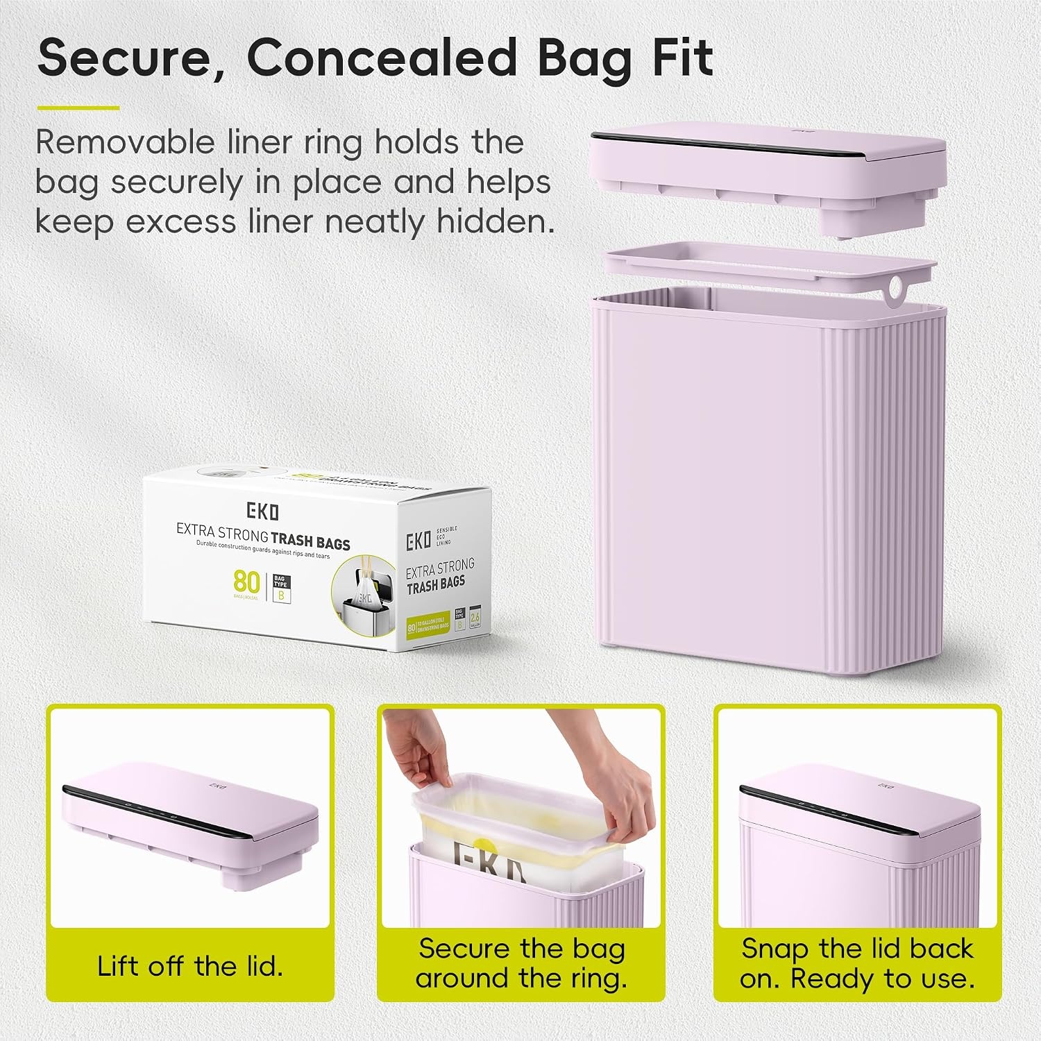 image:imageEKO 26 Gallon Small Bathroom Trash Can with Lid Motion Sensor White10L Lavender
