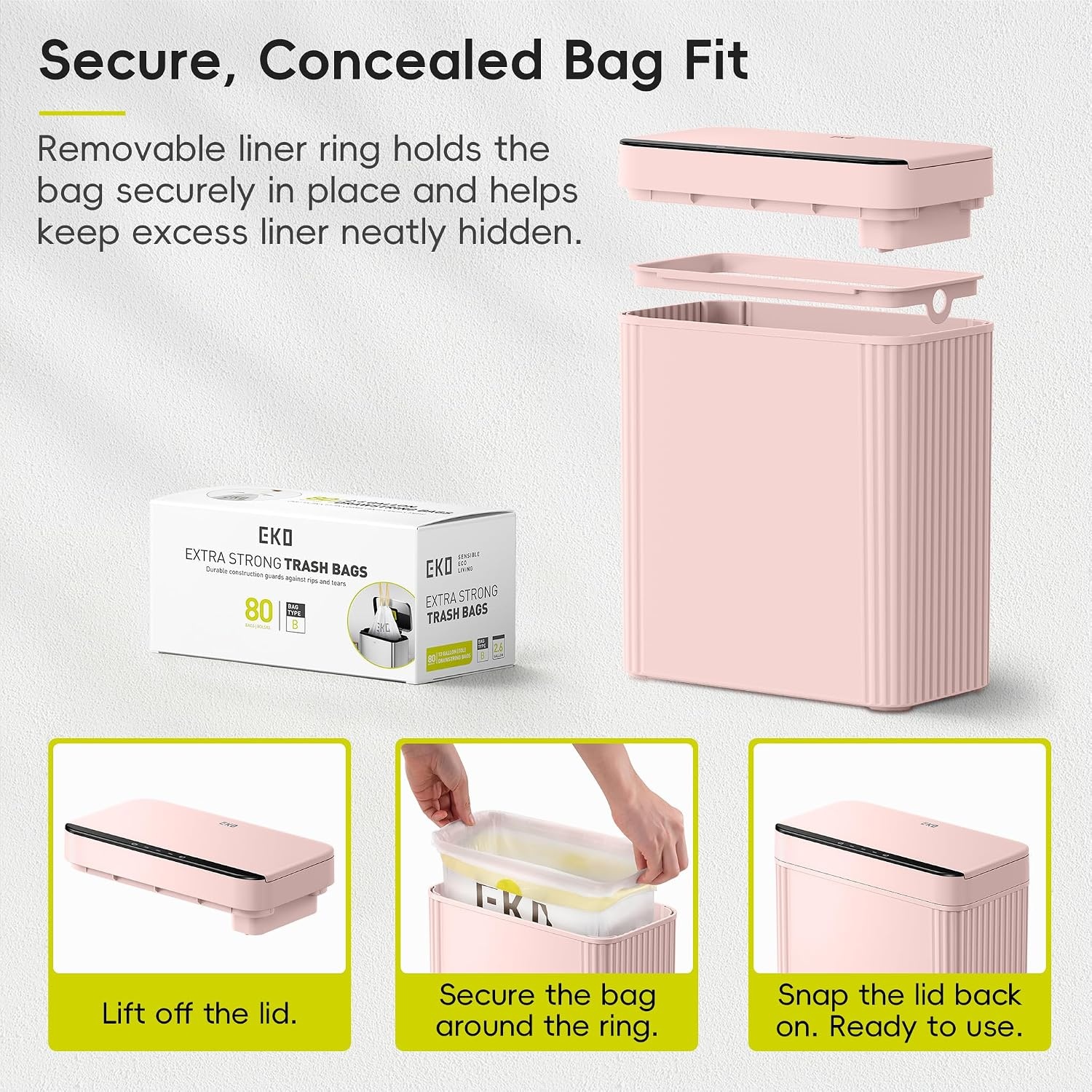 image:imageEKO 26 Gallon Small Bathroom Trash Can with Lid Motion Sensor White10L Pink