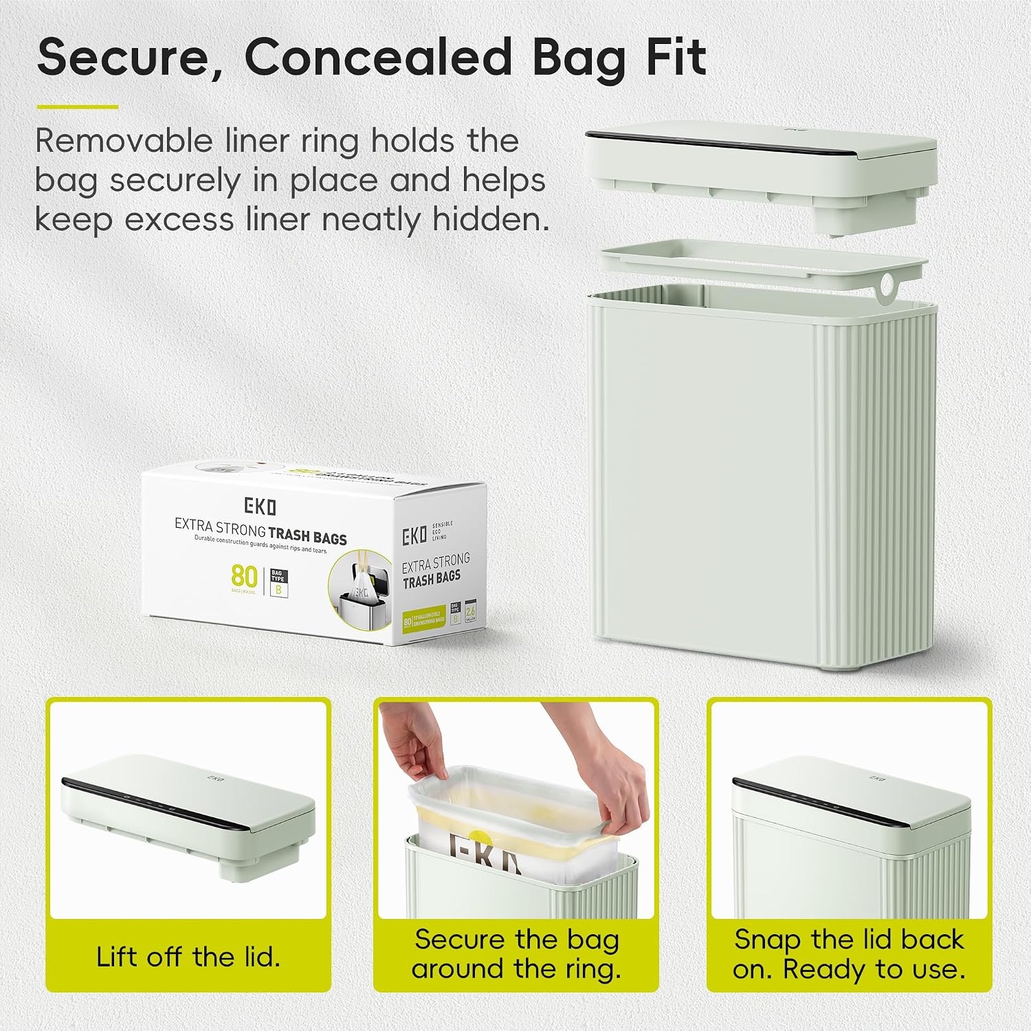 image:imageEKO 26 Gallon Small Bathroom Trash Can with Lid Motion Sensor White10L Sage