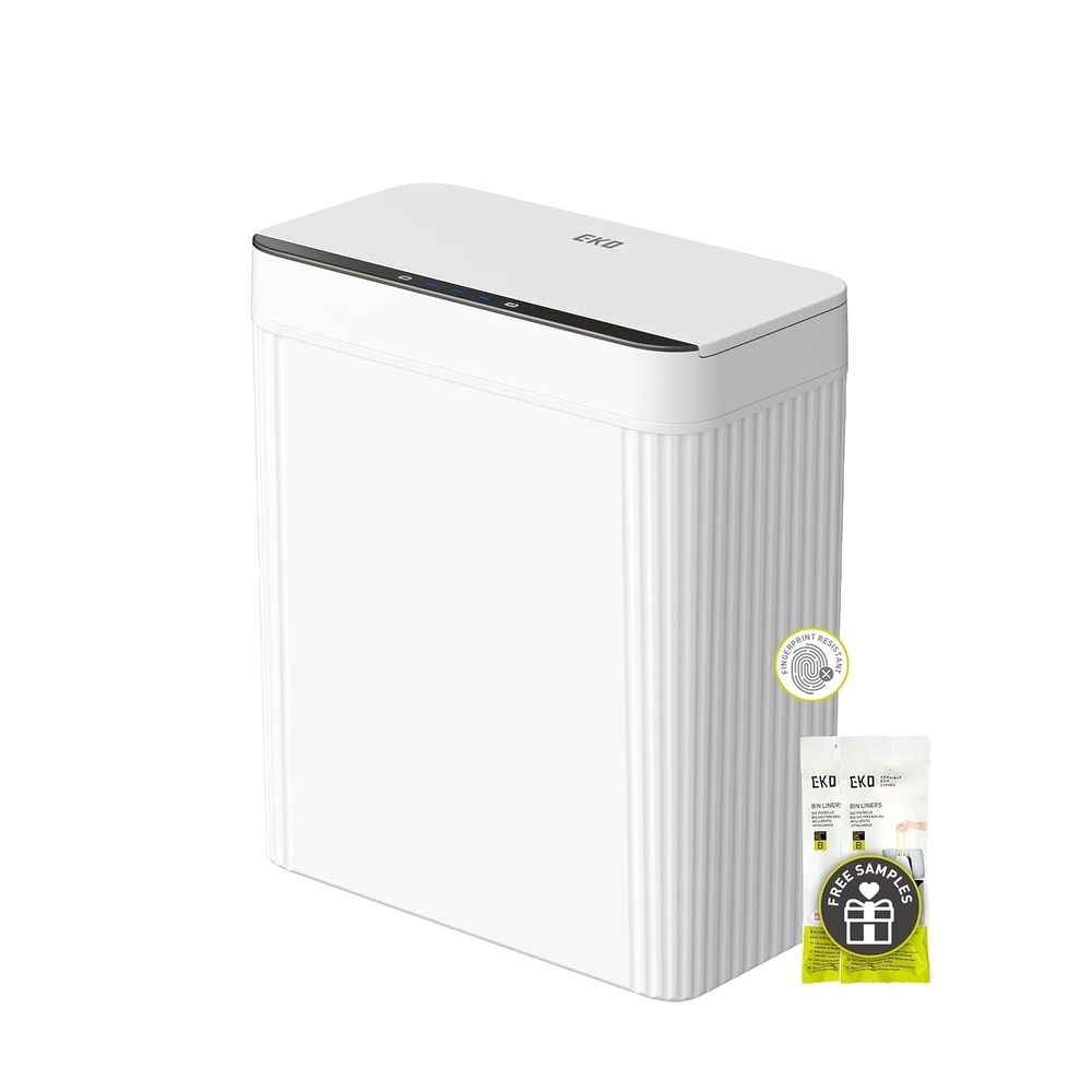 image:imageEKO 26 Gallon Small Bathroom Trash Can with Lid Motion Sensor WhiteBrio 10LGlacier White
